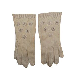 Vtg Size M 6.5/7  Cotton Gloves White Glass Beaded Daisies Circa 1960s Soiled